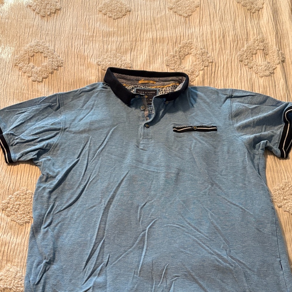 Denim & Flower Light Blue Polo Shirt with Navy Accents